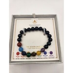 Genuine Gemstone Sterling Silver Seven Chakras‎ Beaded Stretch Bracelet